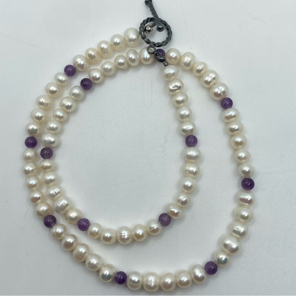 freshwater Pearl & Amethyst Bead Necklace Silver Tone Toggle Clasp Approx 17” - Picture 2 of 6
